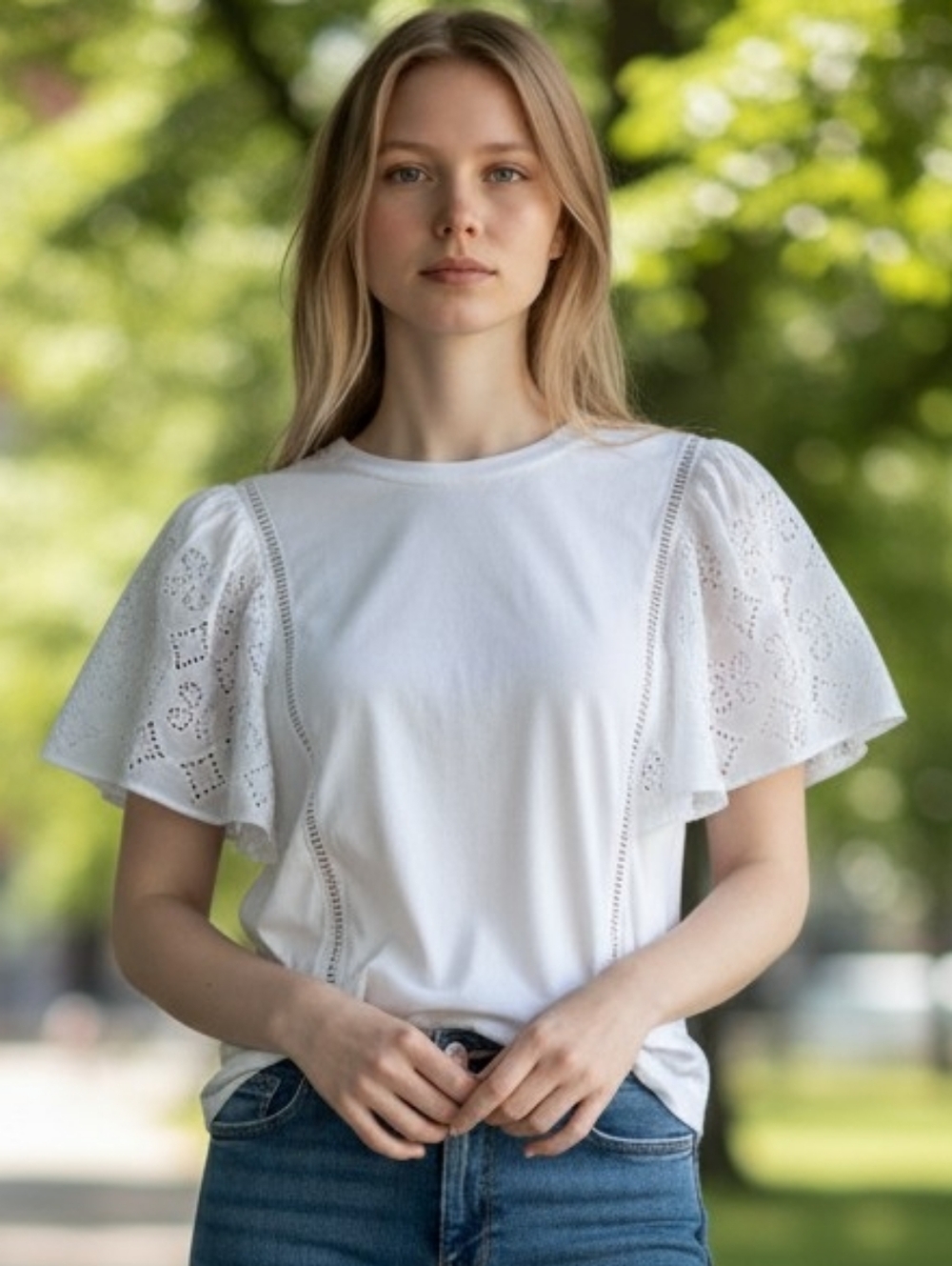 Banana Republic White Eyelet Flutter Sleeve Tee